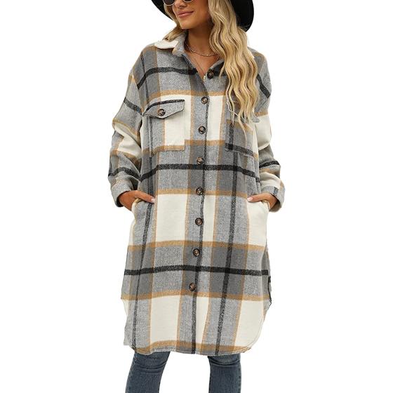 Omoone Women's Lounge Lapel Button Up Long Sleeve Plaid Long Shirt Jacket Shacket
