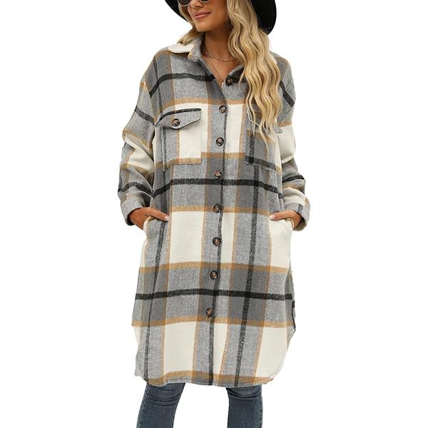 Omoone Women's Lounge Lapel Button Up Long Sleeve Plaid Long Shirt Jacket Shacket