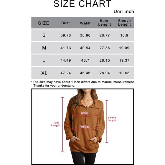 PRETTYGARDEN Women's Casual Long Sleeve Zipper Sweatshirt Drawstring Loose Quarter Zip Pullover Tops with Pockets