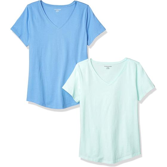 Amazon Essentials Women's Classic-Fit 100% Cotton Short-Sleeve V-Neck T-Shirt (Available in Plus Size), Pack of 2