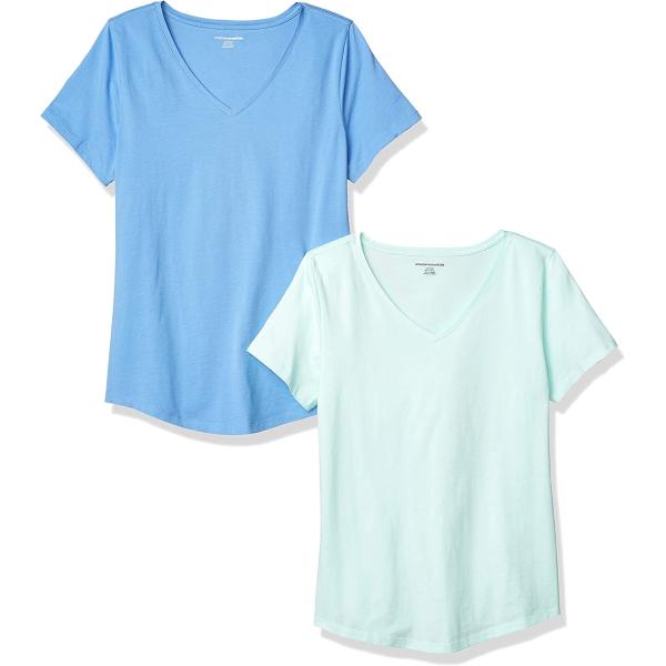 Amazon Essentials Women's Classic-Fit 100% Cotton Short-Sleeve V-Neck T-Shirt (Available in Plus Size), Pack of 2