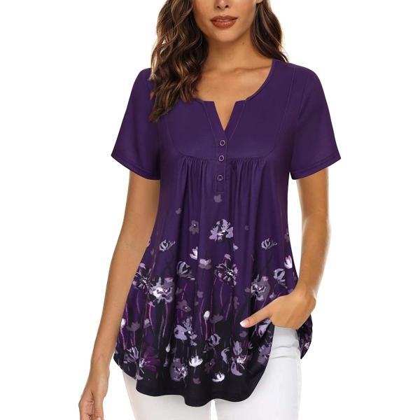 Bebonnie Women's Vintage Short Sleeve V Neck Pleated Tunic Shirt