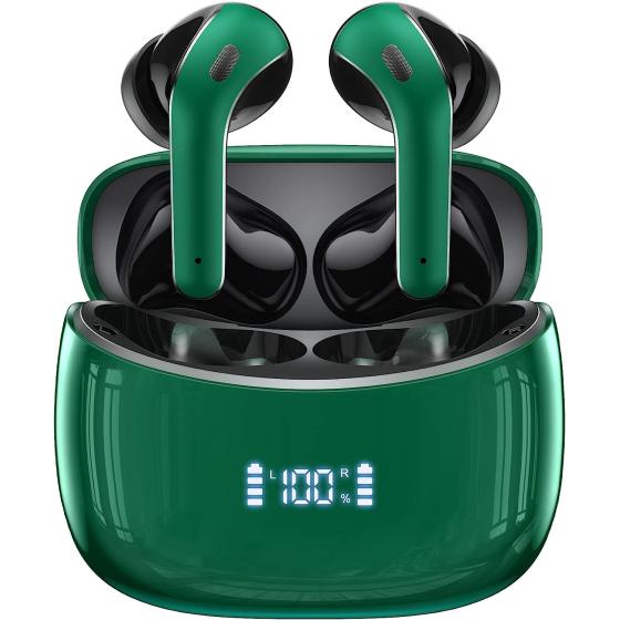 Wireless Earbuds Bluetooth Headphones 60H Playtime Ear Buds with LED Power Display Charging Case Earphones in-Ear Earbud with Microphone for Android Cell Phone Gaming Computer Laptop Sport Green