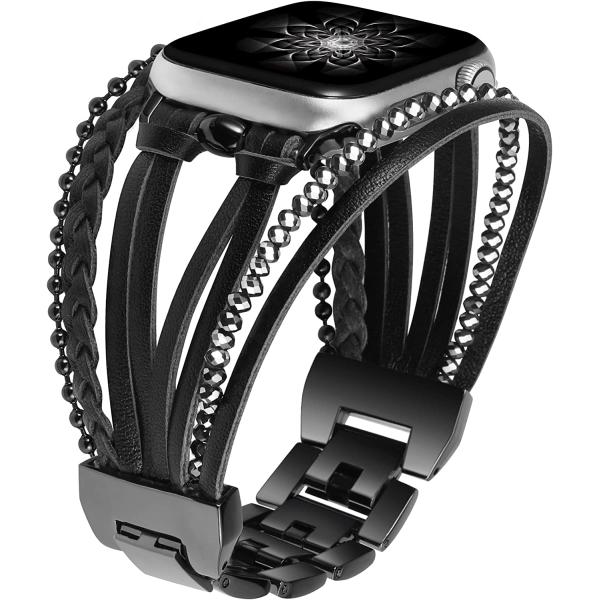 Wearlizer Posh Leather Bands Compatible With Apple Watch Band 41mm 40mm 38mm Women, Boho Handmade Braided Beads Bracelets Multilayer Wrap Jewelry Strap For iwatch Series Ultra 8 7 6 5 4 3 2 1 Se