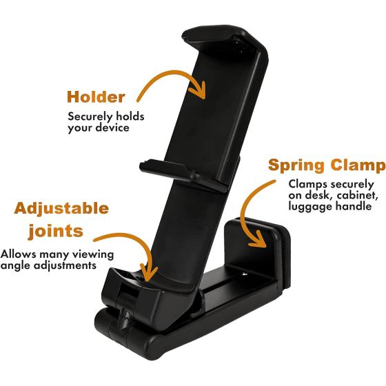 TESLYAR Universal in Flight Airplane Phone Holder Mount Handsfree Phone Holder for Desk Tray Travel Essential Accessory for Flying Multi Directional Dual 360 Degree Rotation Nightstand