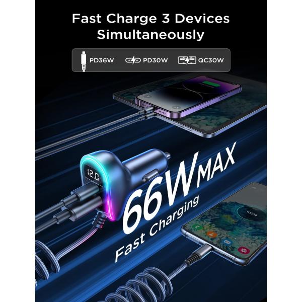 USB C Car Charger Adapter - LISEN 66W 3 Port USB Car Charger Fast Charging Dual PD&QC3.0 with 5.3ft Fast Charge Type C Car Charger Compatible with Samsung Galaxy S22 S21 Note 20 Pixel iPad Pro iPhone