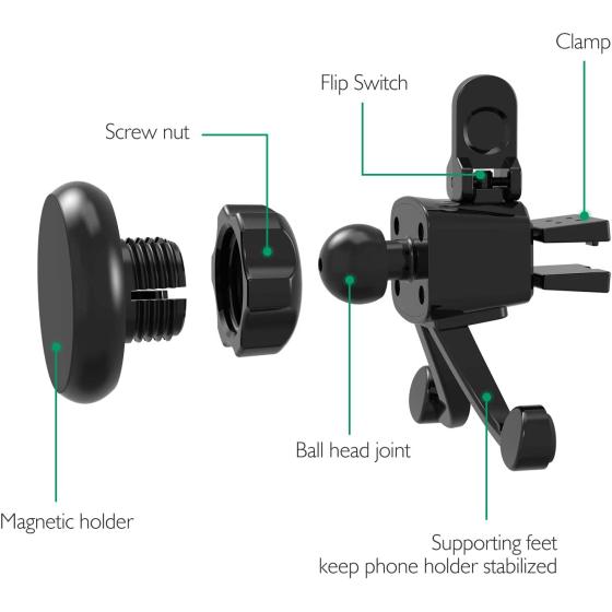 Amoner Car Phone Mount with 6 Powerful Rare-Earth Magnets, Durable Aluminium Alloy Structure, Super Sticky Suction Cup, Air Vent Phone Holder for All Phone