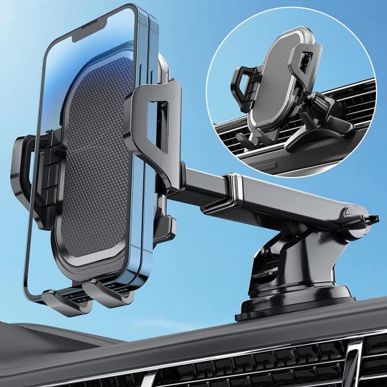 Felaladress Phone Mount for Car, [Holder Stability Anti-Shake] 3in1 Long Arm Suction Cup Holder Universal Cell Phone Holder Mount Dashboard Windshield Vent Compatible with All Smartphones