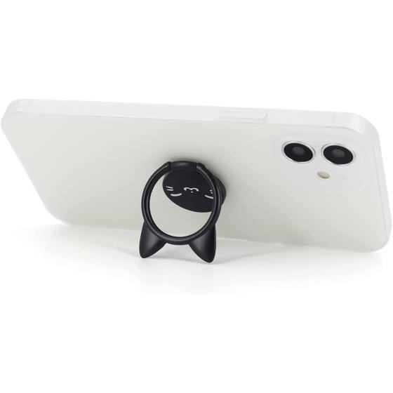 LaMignonne Cat Cell Phone Ring Holder Ultra-Slim Metal Finger Grip 360° Rotation & 180° Flip Universal Phone Kickstand for Magnetic Car Mount Compatible with All Smartphones (Black-Smile)