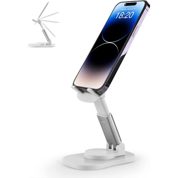 Zyerch Cell Phone Stand, Adjustable Phone Holder for Desk, Portable Phone Holder Stand Cellphone Cradle Desktop Dock Compatible with iPhone and All Smart Phones for Office, White