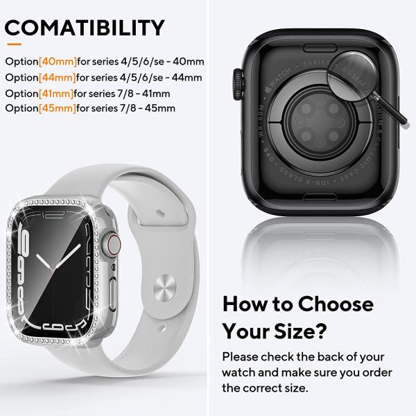 2 in 1 Bling Waterproof Case for Apple Watch Series 8 7 41mm, 360 Protective PC Cover Front & Back Bumper with Tempered Glass Screen Protector, Crystal Diamond iWatch Cases for Women, 41mm Silver