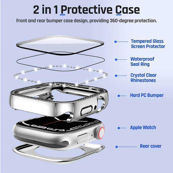Goton 2 in 1 Waterproof Bling Case for Apple Watch 44mm SE (2nd Gen) Series 6 5 4 Screen Protector, Women Glitter Diamond Rhinestone Bumper Face Cover for iWatch Accessories 44 mm Silver