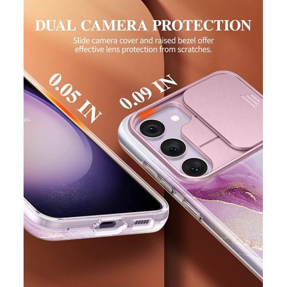 GVIEWIN Case Compatible with Samsung Galaxy S23 Plus with Slide Camera Cover + Screen Protector, [10FT Military Shockproof] Marble Slim Protective Phone Case, 5G 6.6-Inch 2023 (Dreamland River/Purple)