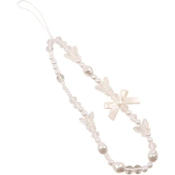 oAutoSjy Beaded Phone Charm Strap Mobile Phone Lanyard Wrist Strap Bow White Pearl Butterfly Beads Phone Chain Cellphone Strap Hanging Cord Phone Anti-lost Chain Cell Phone Accessories for Women Girls