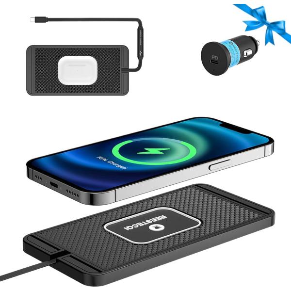 Wireless Charging Pad for Car REESTECQI 15W Qi Wireless Car Charger Pad Type C Wireless Charger Mat Non Slip Pad with PD20W Car Charger for Airpods iPhone 14/13/12/11 Samsung S22/S21/S20 (30CM Cable)