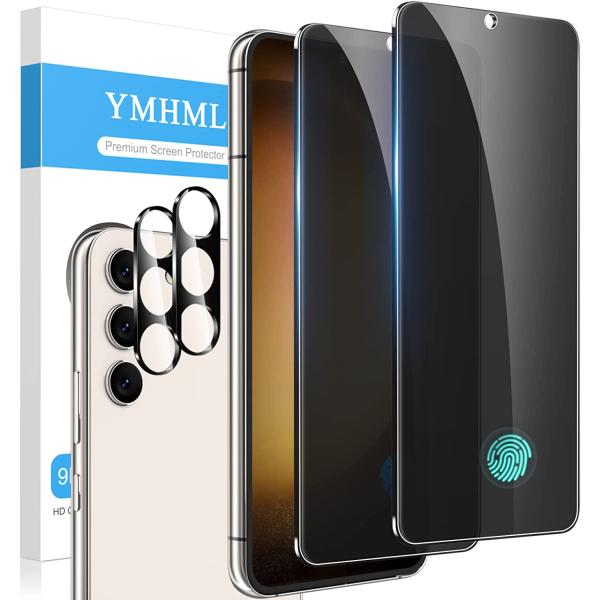 YMHML 2 Pack for Samsung Galaxy S23 Privacy Screen Protector Upgrade Fingerprint Unlock Compatible Tempered Glass + 2 Pack Camera Lens Protector, Anti Spy Case Friendly Privacy Screen for Galaxy S23