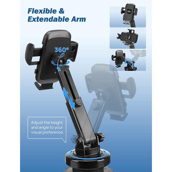 JOYTUTUS Cup Holder Phone Mount for Car, Universal Cup Phone Holder for Car, Cell Phone Holder Car Long Neck with 360° Rotation, Stable Rubber Base, Compatible with iPhone, Samsung Android & More