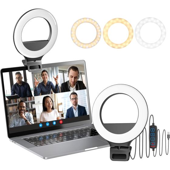 Clip on Ring Light - Ring Light for Laptop/Computer with 10 Brightness Levels, 3 Light Modes - Perfect for Video Conferencing, Live Streaming, Compatible with Laptop, Computer, Tablet