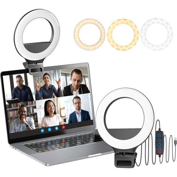 Clip on Ring Light - Ring Light for Laptop/Computer with 10 Brightness Levels, 3 Light Modes - Perfect for Video Conferencing, Live Streaming, Compatible with Laptop, Computer, Tablet
