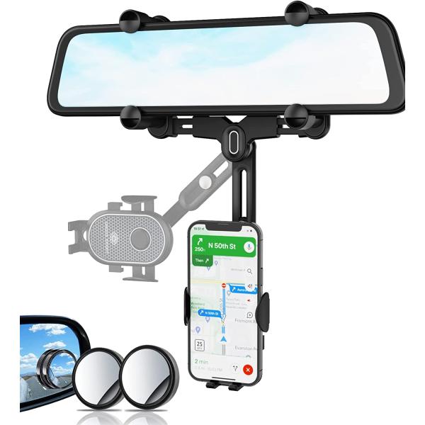 UNIQUE BRIGHT Phone Mount for Car-Rear View Mirror Phone Holder for Car-Rotatable Car Phone Holder Mount-Retractable Truck Phone Cradle-Compatible with iPhone Samsung 4"-7"+2 Blind Spot Mirror.