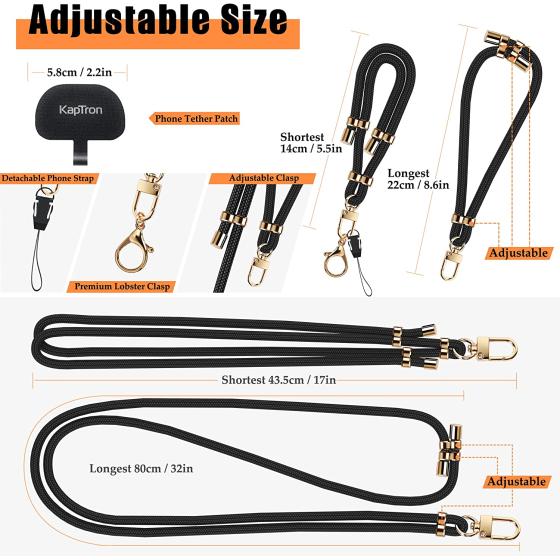 Universal Phone Lanyard with Wrist Strap, Adjustable Crossbody Cell Phone Lanyard Neck Strap and Wristlet Strap with 2 Lobster Clips, Phone Tether Patches and Phone Straps (Black/Gold, 2 Pack)