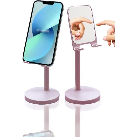 KN FLAX Cell Phone Stand with Mirror Mobile Phone and iPad Holder for Desk with Adjustable View Angle &amp; Height， Handsfree Smart Phone Cradle， Dock for Office Kitchen Traveling Accessories - Blue