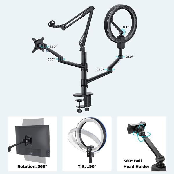 Viozon Selfie Desktop Live Stand Set 12" LED Ring Light 5 in 1 Monitor Laptop Arm Overhead Recording Height&amp;Angle Adjustable Compatible with 17-32"Monitor"3.5-6.7"Phone/Camera for Live Steaming Gaming
