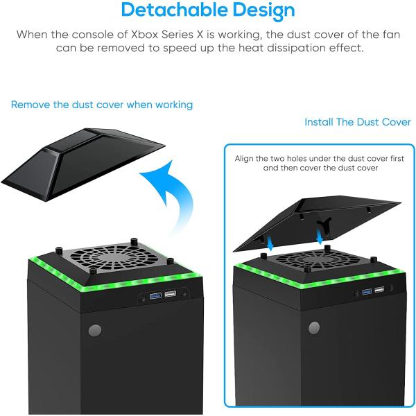 Cooling Fan Dust Proof for Xbox Series X Console with Colorful Light Strip，MENEEA Dust Cover Filter，Rubber Dust Plugs，Low Noise Top Fan with 3 Gears，Cooler&amp;Light Independent Touch Switch， 2 USB Port