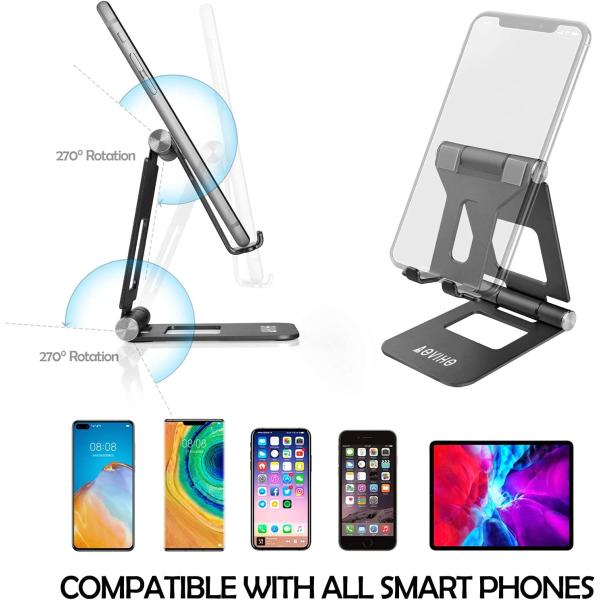 Aoviho Adjustable Cell Phone Stand Holder Fully Portable Phone Holder - Small Aluminum Desktop Stand for iPhone 12 Pro Mini 11 X XR XS Max 8 7 6 Plus (Black)