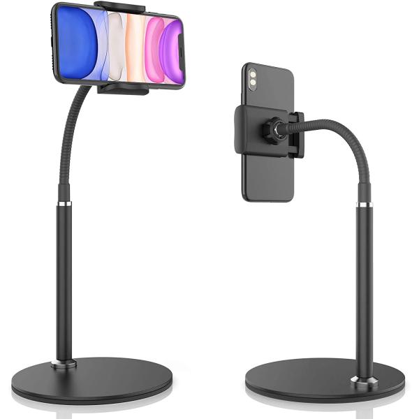 Cell Phone Stand, Adjustable Height & Angle Phone Holder Gooseneck Flexible Arm Universal Phone Stand for Desk, Aluminum Alloy Desktop Cell Phone Holder Compatible with 3.5"-6.5" Device (Black)