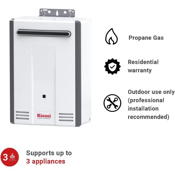 Rinnai V65eP Non-Condensing Propane Tankless Water Heater， Outdoor Installation， Up to 6.5 GPM