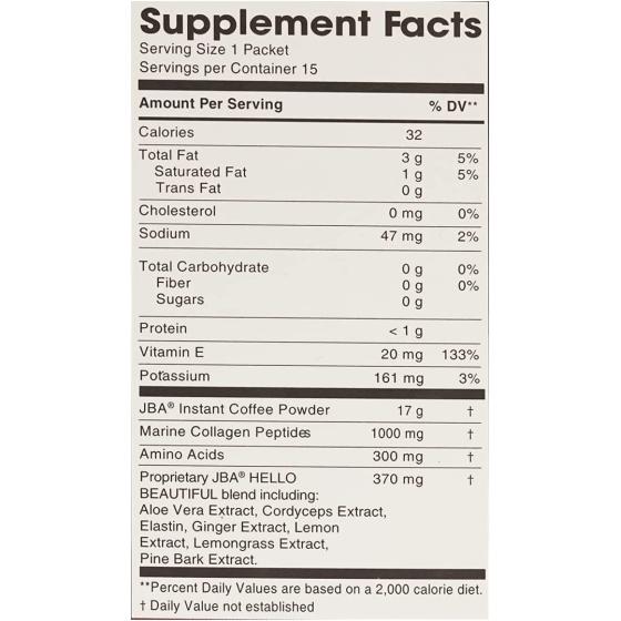 JBA Hello Beautiful Zero Sugar Caffe Latte, Women’s Collagen, Coffee & Supplement Blend for Luminous Skin, 15 Packets