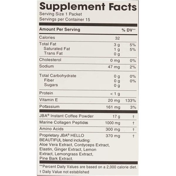 JBA Hello Beautiful Zero Sugar Caffe Latte, Women’s Collagen, Coffee & Supplement Blend for Luminous Skin, 15 Packets