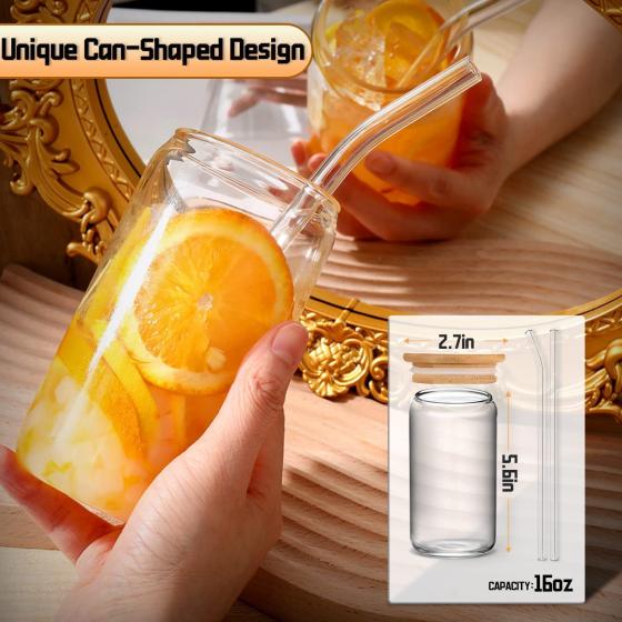 DWTS DANWEITESI Glass Cups with Lids and Straws 6pcs Set 16oz Iced Coffee Cups，Glass Coffee Cups，Beer Can Glass with Lids and Straw