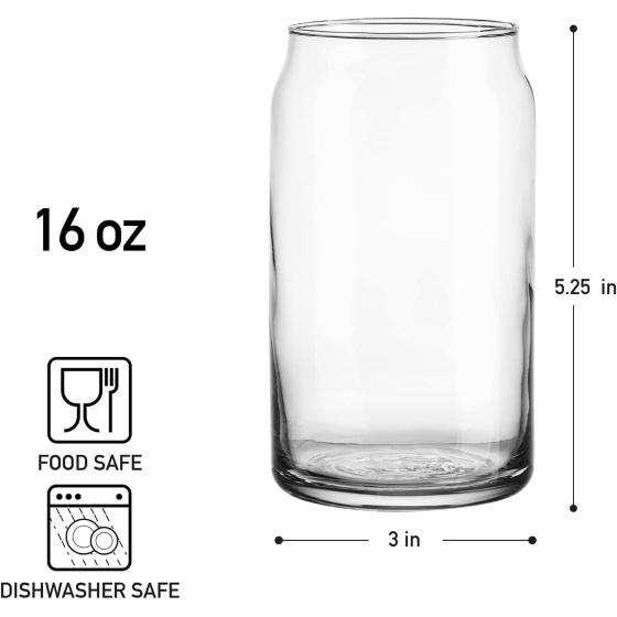 Glaver's Drinking Glasses 4pc Can Shaped Glass Cup Set, 16oz Beer Can Glass Coffee Cups, Glass Tumbler, Cocktail Glasses, Whiskey Beer Glasses, Water Glasses, Soda Can Glasses, Collins Glasses.