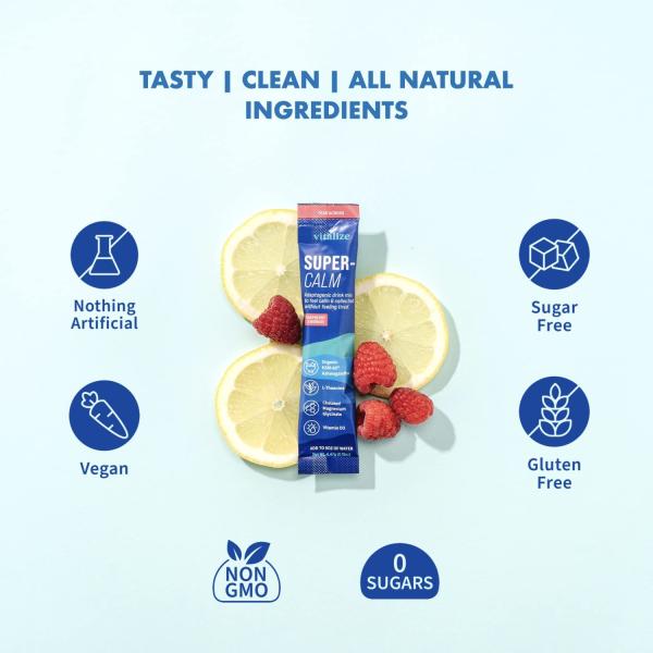 VITALIZE SuperCalm - Feel Calm, Cool, and Collected | Drink Mix | Contains KSM-66 Ashwagandha, L-Theanine, Magnesium Glycinate, and Vitamin D3 | Raspberry Lemonade, 0.15 Ounce (Pack of 20)