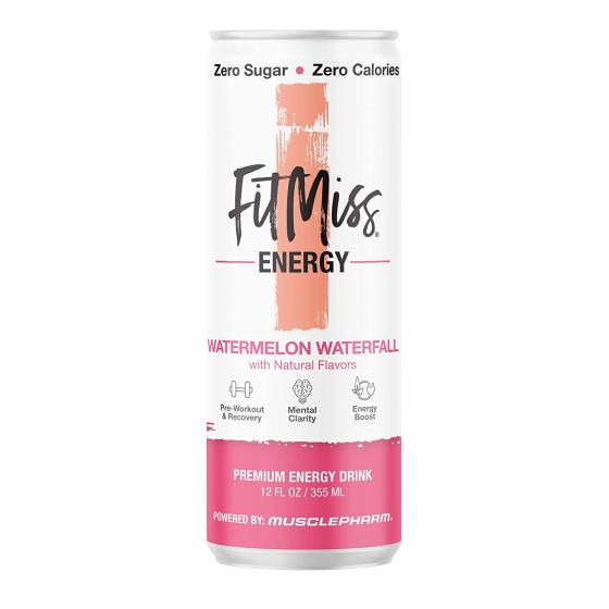 usclePharm FitMiss Energy Drink 12oz (Pack of 12) - Watermelon Waterfall - Sugar Free Calories Free - Perfectly Carbonated with No Artificial Colors or Dyes