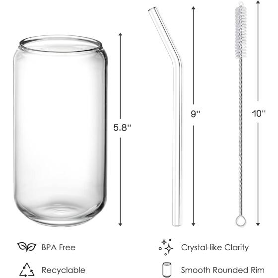 NETANY Drinking Glasses with Glass Straw 4pcs Set - 16oz Can Shaped Glass Cups, Beer Glasses, Iced Coffee Glasses, Cute Tumbler Cup, Ideal for Whiskey, Soda, Tea, Water, Gift - 2 Cleaning Brushes