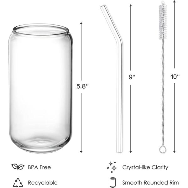 NETANY Drinking Glasses with Glass Straw 4pcs Set - 16oz Can Shaped Glass Cups, Beer Glasses, Iced Coffee Glasses, Cute Tumbler Cup, Ideal for Whiskey, Soda, Tea, Water, Gift - 2 Cleaning Brushes