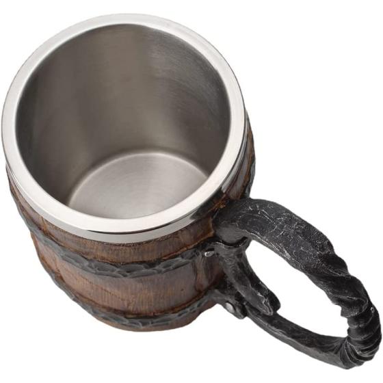 550ML Viking Beer Mug， Stainless， Whiskey Barrel Cup ，Viking wood style Beer mug ，Wooden Gift Antique Men's Barrel Capacity