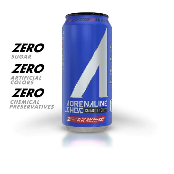 A SHOC Performance Energy Drink, Blue Raspberry, 16 Ounce Can, Natural Energy Blend, BCAAs, Ocean Mineral Electrolytes, and No Chemical Preservatives, 12-pack