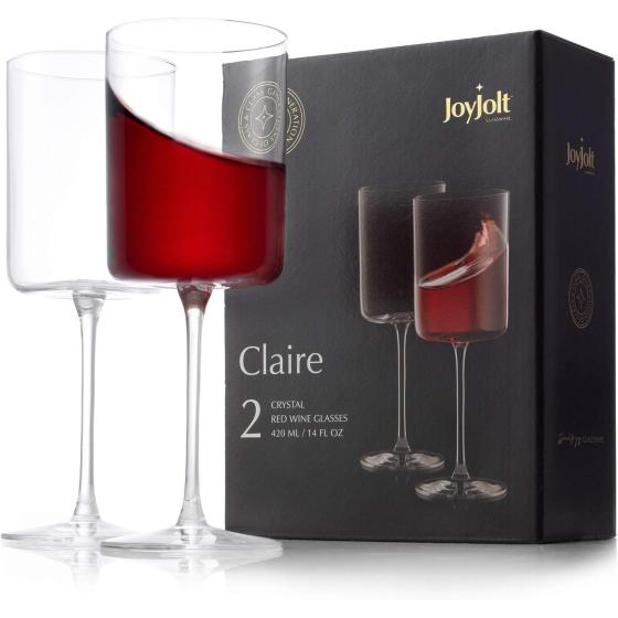 JoyJolt Claire 14oz Red Wine Glass Set. Large Wine Glasses Set of 2 Crystal Wine Glasses. Elegant Wide Rim Stemware - Modern Wine Glasses with Stem. Stemmed Wine Glasses for Unique Wine Glasses Gifts