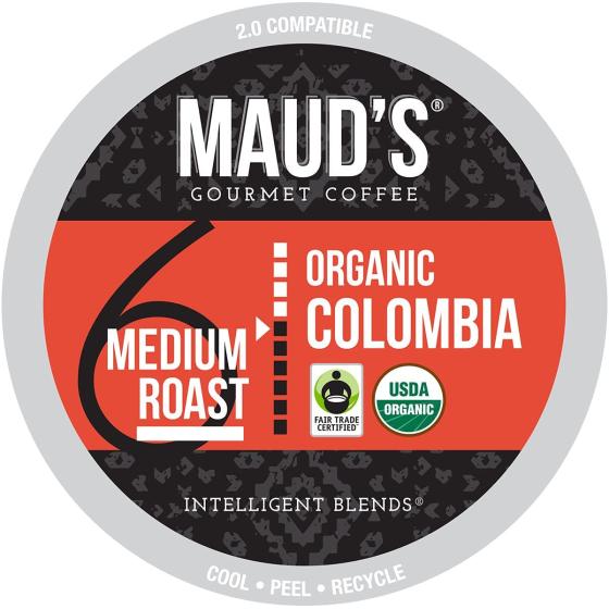 Maud's Organic Colombian Coffee (Organic Medium Roast Coffee)， 24ct. Solar Energy Produced Recyclable Single Serve Fair Trade Single Origin Organic Coffee Pods - 100% Arabica Coffee， KCup Compatible