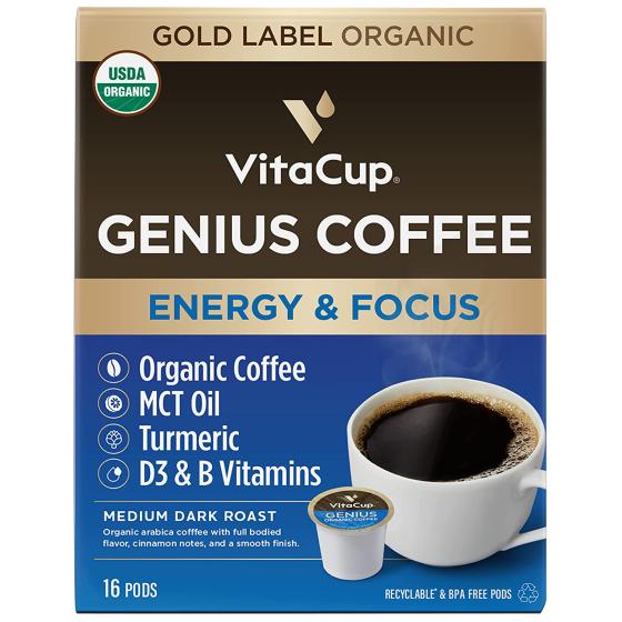 VitaCup Genius Keto Coffee Pods， Increase Energy &amp; Focus with MCT Oil， Turmeric， B Vitamins， D3， Medium Dark Roast， Bold， Smooth， Recyclable Single Serve Pod Compatible with Keurig K-Cup Brewers，16 Ct