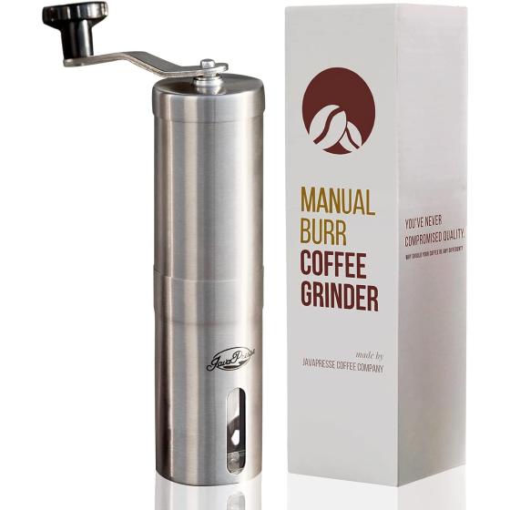 JavaPresse Manual Coffee Grinder — Stainless Steel Manual Conical Burr Coffee Bean Grinder with Hand Crank and 18 Adjustable Settings, Fine to Coarse — Portable Espresso Grinder for Camping or Travel