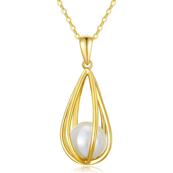 FENCCI Love Embrace Pearl Necklace, 14K Real Gold Pearl Necklace for Women Freshwater Pearl Pendant Mothers Day Birthday Pearl Jewelry Gifts for Mom Wife and Her, 16+2 Inches