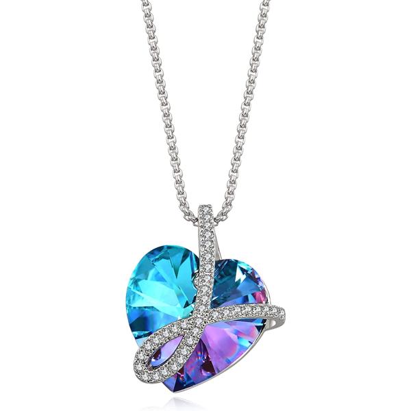 FCINOS Women’s 18k Gold plated Infinity Love Heart Pendant Necklace with Austrian Crystals, Jewelry Gifts for Her, 17.7"+2.4" Chain, Anniversary Birthday Christmas Graduation Necklaces for Wife Mom Girlfriend (Rainbow Vitrail Light Purple)