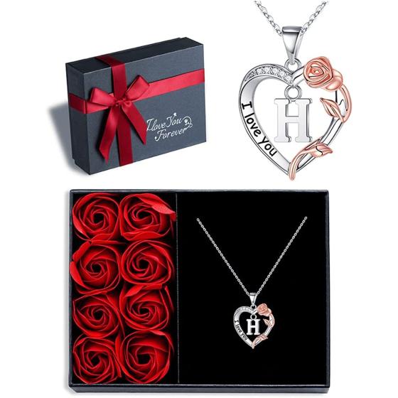 Rose Heart Necklace Gifts for Women Girls, I Love You Rose Love Heart Initial Letter Pendant Necklace Jewelry Mothers Day Valentines Birthday Christmas Jewelry Gifts for Women Mom Wife Girlfriend