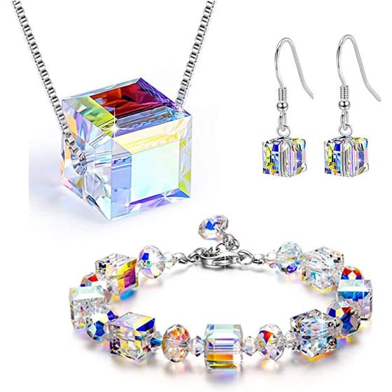 Txibikn 4 Pieces Fashion Colorful Starlight Crystal Rhinstone Pendent Necklace Earring Bracelet Jewelry Set for Women Lady Wedding Birthday Party Gift