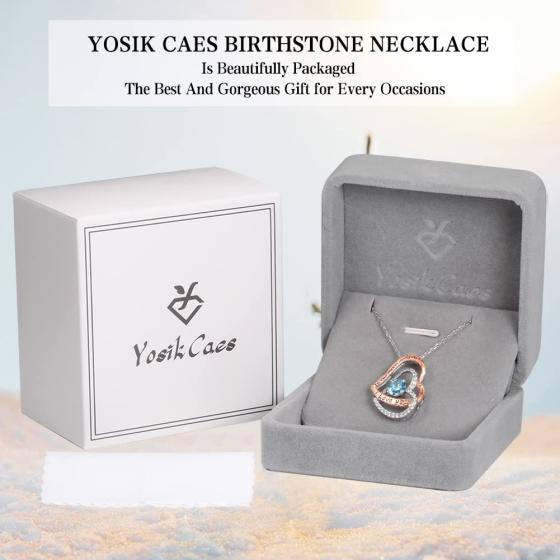 YosikCaes 925 Sterling Silver Double Heart Birthstone Pendant Necklace for Women, 18K Rose Gold Plated, Hand Set with 5A Zirconia Stones, 18+2" Chain Length, 10mm Lobster Claw Clasp with Jewelry Polishing Cloth